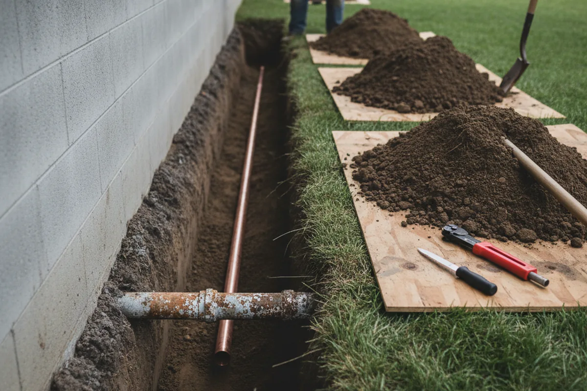 Excavated water line trench during Water Heater Repair in Graysville
